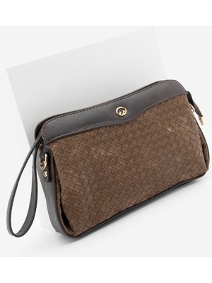 Marjin Kadın Fermuarlı Iç Cepli Clutch Çapraz Askılı El ve Omuz Çantası Faris Kahve