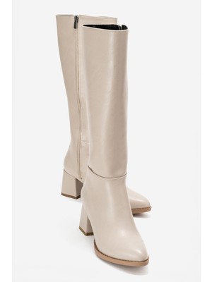 Ccway Sade Sivri Burunlu Topuklu Kadın Çizme BEJ CİLT