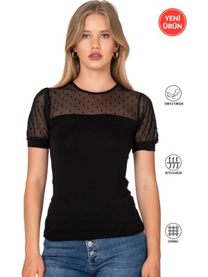 Özkan Underwear Özkan 27680 Kadın Premium Kumaş Ring Viskon Kısa Kollu T-Shirt Bluz Bisiklet Yaka Tül Detaylı