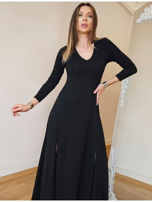 Qimya Butik Buketli Kadın Uzun Kollu V Yaka Çift Yırtmaçlı Basic Elbise