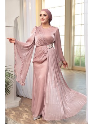 - Volan Kollu Gül Kurusu Tesettür Abiye Elbise 5322GK