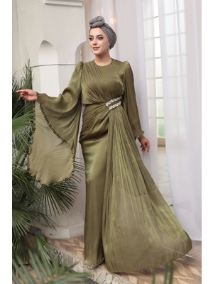 - Volan Kollu Haki Tesettür Abiye Elbise 5322HK