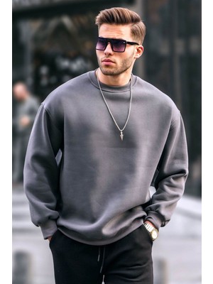 Madmext Füme Bisiklet Yaka Oversize Şardonlu Basic Erkek Sweatshirt 6048