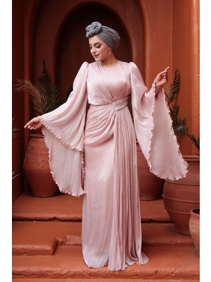 - Volan Kollu Pudra Tesettür Abiye Elbise 5322PD