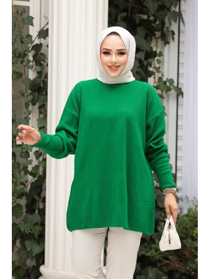 Fitilli Yeşil Tesettür Triko Kazak Tunik 29141Y