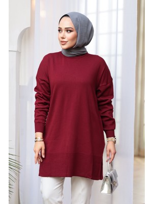 Bordo Tesettür Triko Kazak Tunik 2822BR