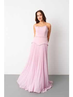 Lafaba Kadın Pudra Straplez Yaka Taşlı Piliseli Uzun Abiye Elbise
