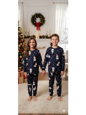 Isobel Isob Lacivert Yeni Yıl Desenli %100 Pamuk Kız ve Erkek Çocuk Pijama Takımı 3-13 Yaş 42228-L
