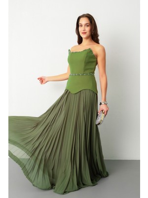 Lafaba Kadın Haki Straplez Yaka Taşlı Piliseli Uzun Abiye Elbise