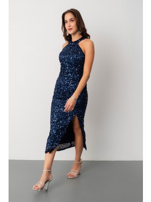 Lafaba Kadın Lacivert Halter Yaka Payetli Abiye Elbise