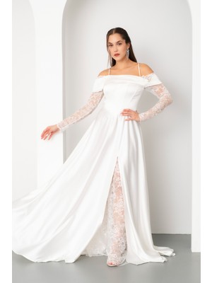 Lafaba Kadın Beyaz Dantel Detaylı Uzun Saten Abiye Elbise