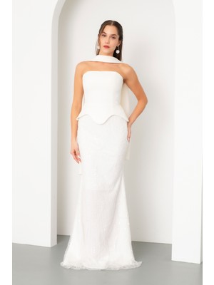 Lafaba Kadın Beyaz Straplez Taşlı Uzun Balık Abiye