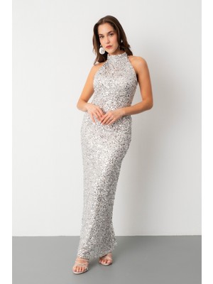 Lafaba Kadın Gümüş Halter Yaka Pul Payet Uzun Abiye Elbise