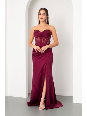 Lafaba Kadın Mürdüm Straplez Boncuklu Uzun Saten Abiye Elbise