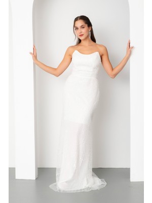 Lafaba Kadın Beyaz Straplez Boncuklu Uzun Balık Abiye Elbise