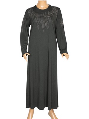 Hermevsim Hesna Kadın Elvan Kışlık Büyük Beden Boydan Baskılı Haki Elbise