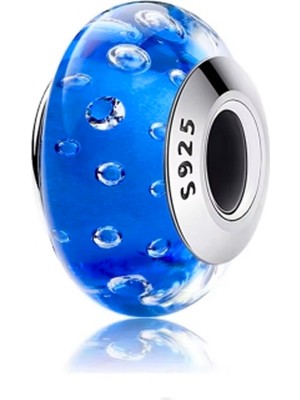 Fubena Dalgacıklı Lacivert Murano Camı Gümüş Charm