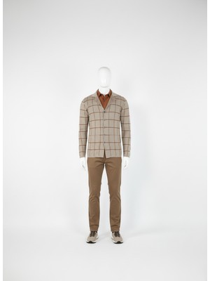 Elevli Erkek Kareli Desenli Triko Ceket Hırka Bej