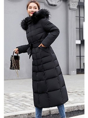 Barbora Kadın Kışlık Tam Boy Kapüşonlu Polyester Şişme Mont Trend Siyah Düz Tasarım