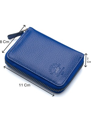 Westpolo Hakiki Deri Kağıt Para ve Bol Şeffaf Kart Bölmeli, Fermuarlı Unisex Kartlık - Saks Mavi