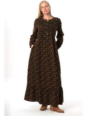 Eliş Şile Bezi Uzun Kol Sümeyye Pazen Düğmeli Papatya Desen Sonbahar ve Kışlık Uzun Elbise Siyah Syh