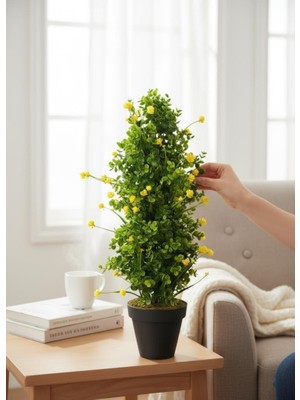 Nettenevime Yapay Çiçek Siyah Saksıda Sarı Lotuslu Yeşil Şimşir Ağacı 70*30CM