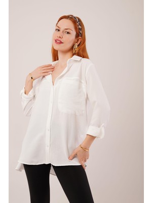 Hazego Salaş Kesim Cepli Beyaz Gömlek