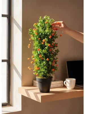 Nettenevime Yapay Çiçek Siyah Saksıda Turuncu Lotuslu Yeşil Şimşir Ağacı 70*30CM