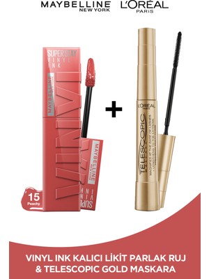 Maybelline New York Super Stay Vinyl Ink Uzun Süre Kalıcı Likit Parlak Ruj 15 Peachy & L'oréal Paris Telescopic Maskara Ikilisi