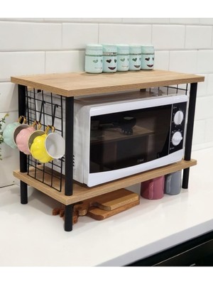 Lidyahan Store Yüksek Kalite Mutfak Rafı Mikrodalga Rafı Tezgah Üstü Raf Baharatlık 2 Raflı Düzenleyici Kancalı Safir Meşe