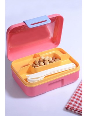 Lidyahan Store Design Kendinden Kaşıklı 5 Bölmeli 2 Katlı Beslenme Kutusu (Pembe)