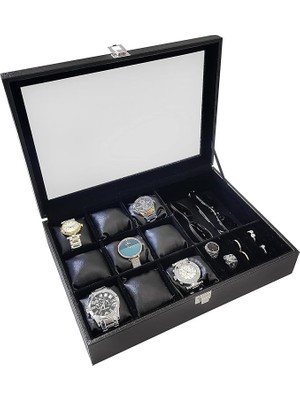 Lidyahan Store 9 Lu Ahşap Deri Cam Saat Gözlük ve Mücevher Kutusu St9-24