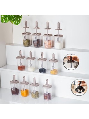 Lidyahan Store 1100 Kaydırmalı Kaşıklı Sızdırmaz Kapaklı Etiketli 12'li Baharatlık Seti Saklama Kabı Şeffaf Cappuccino