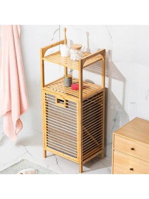 Lidyahan Store 2063 2 Raflı Ahşap Kirli Sepeti Organizer Banyo Dolabı Ahşap