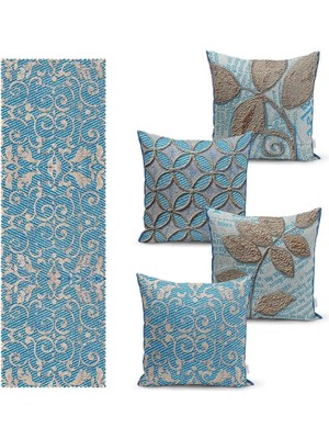 Lidyahan Store Damask Tasarımlı Turkuaz Kırlent Kılıfı 4 Adet ve Tekli Runner