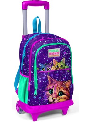 Lidyahan Store High Işıklı Tekerlekli Sevimli Kediler Çekçek Okul ve Seyahat Çantası Kız Çocuk Mor
