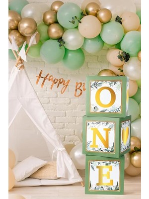 Lidyahan Store Gitti One Yazılı Kutu ve Balon Seti - 1 Yaş Doğum Günü Kutlama (Adaçayı)