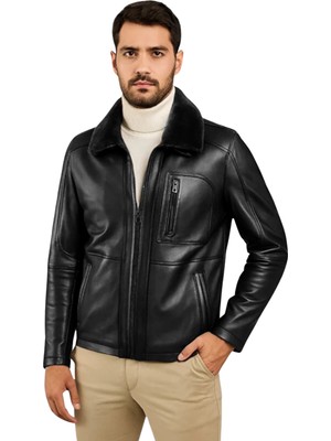 Derije Hakiki Deri Siyah Erkek Ceket-Mont Seyyar Kürk Yaka Slim Fit Model