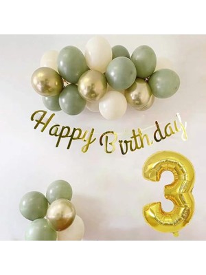 Lidyahan Store Yaş Küf Yeşili, Deniz Kumu ve Krom Gold Balonlu Konsept Doğum Günü Seti