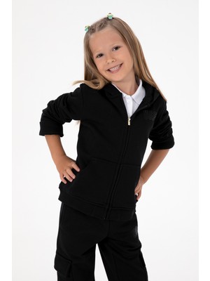 U.S. Polo Assn. Kız Çocuk Siyah Kapüşonlu Fermuarlı Basic Sweatshirt 50316837-VR046