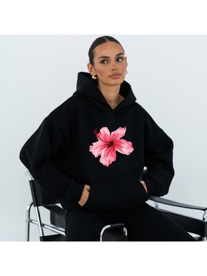 Kadın Baskılı Kapüşonlu Sweatshırt Oversize 3 Iplik
