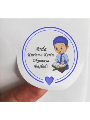 TM Tasarım Mağazası 24 Adet 4 cm Kişiye Özel Mavi Erkek Çocuklu Kuran Okumaya Başladı Baskılı Mat Etiket Sticker -2