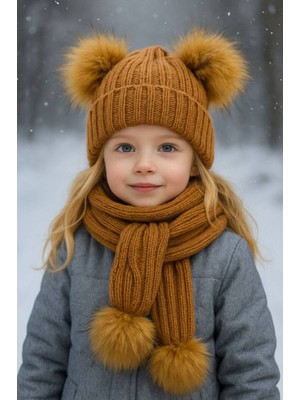 Diamondstar Kız Bebek Çift Ponponlu Atkı Bere Takımı