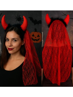 Toyfest Cadılar Bayramı Kırmızı Şeytan Boynuzlu Duvaklı Taç Halloween Parti Aksesuarı