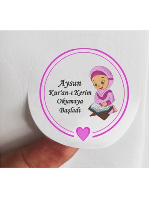 TM Tasarım Mağazası 24 Adet 4 cm Kişiye Özel Pembe Kız Çocuklu Kuran Okumaya Başladı Baskılı Mat Etiket Sticker -2