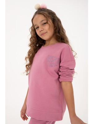 U.S. Polo Assn. Kız Çocuk Pembe Simli Baskı Detaylı Bisiklet Yaka Basic Sweatshirt 50314289-VR167