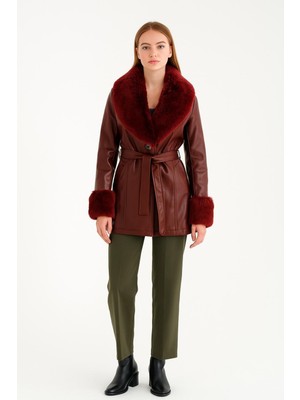 Ribana Classic Kadın Bordo Çift Cepli Yaka Kürklü Kuşaklı Suni Deri Kaban