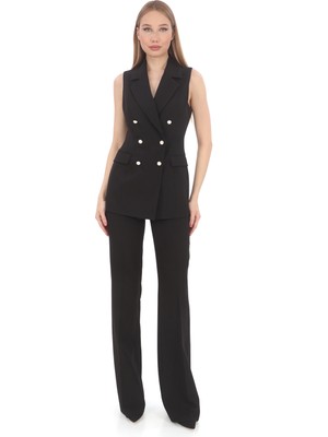 Pearl Kadın Kruvaze İnci Düğmeli Yelek ve Yüksek Bel Krep Pantolon Takım – Siyah