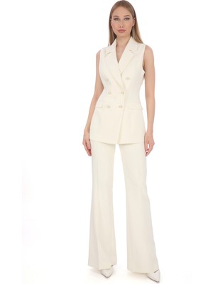 Pearl Kadın Yelek Pantolon Takım Beyaz Krep Kruvaze Inci Düğmeli Slim Fit Şık Ofis Davet Günlük Kullanım