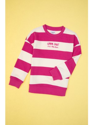 U.S. Polo Assn. Kız Çocuk Pembe Çizgili Bisiklet Yaka Sweatshirt 50317898-VR041